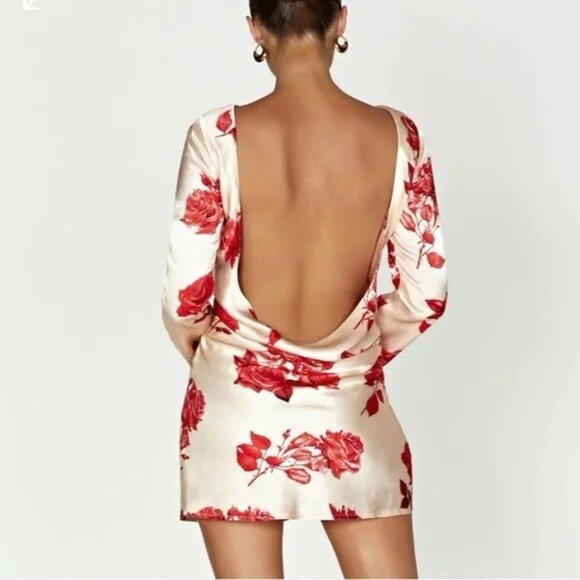 NWT Meshki Davina Satin Long Sleeve Backless Floral Red Mini Dress Womens Large - Picture 2 of 13